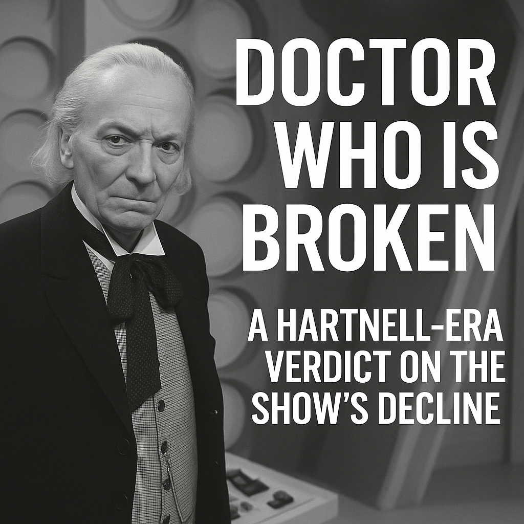 A black and white image featuring a serious-looking man in period clothing, with the title "Doctor Who is Broken" prominently displayed alongside commentary on the show's decline during the Hartnell era.