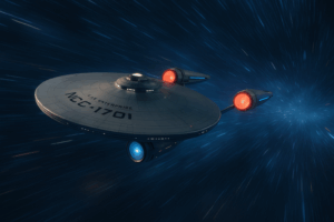 The USS Enterprise (NCC-1701) navigates through space at warp speed, showcasing its iconic saucer shape and vibrant engine lights amidst a starry backdrop.