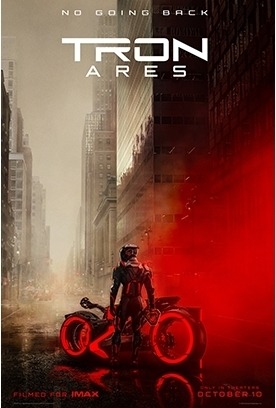 A futuristic figure in a sleek black suit stands next to a glowing motorcycle in a neon-lit urban landscape, with fog and skyscrapers in the background.