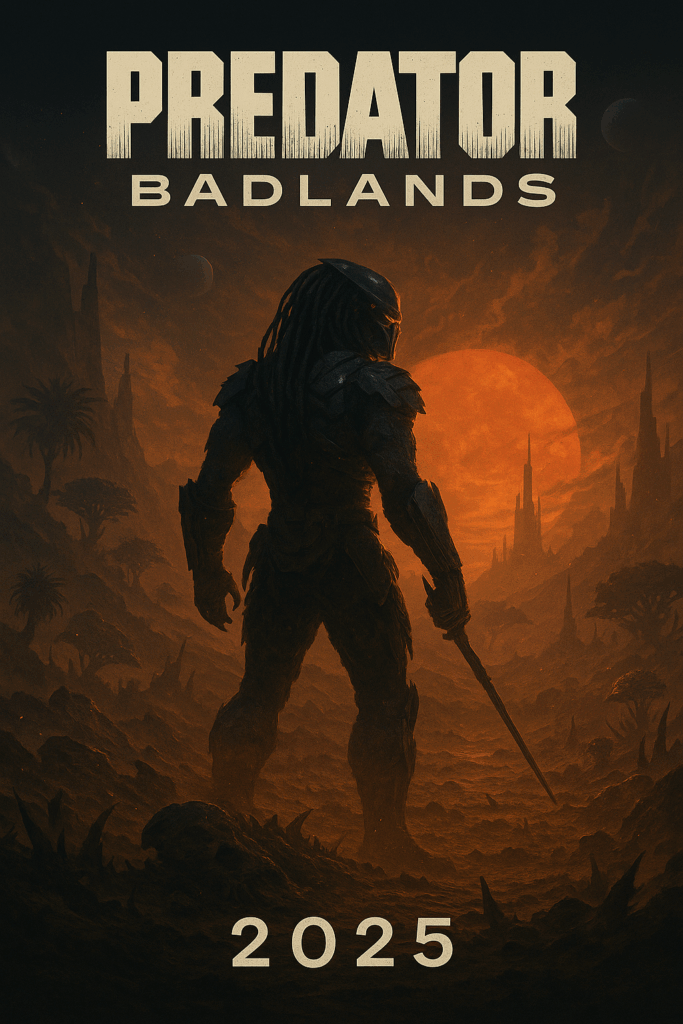 A menacing figure stands in a desolate landscape at sunset, brandishing a blade, with towering rock formations and an otherworldly atmosphere.