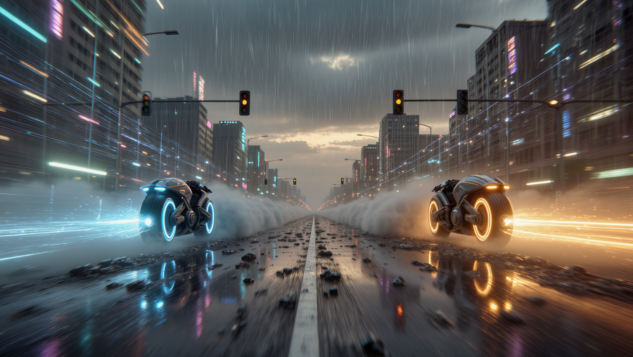 Two sleek motorbikes racing down a rain-soaked futuristic city street, illuminated by vibrant neon lights and surrounded by a dramatic atmosphere.