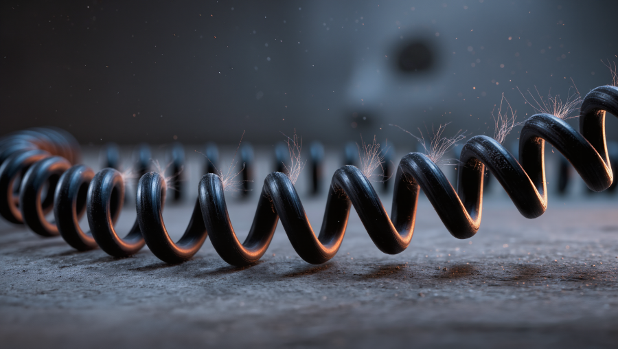 A close-up of a black coiled spring with sparkling fibers, set against a blurred background with muted colors, capturing dynamic energy and texture.